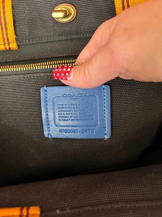 Coach Black Canvas Apple Camp Tote with Yellow Handles and Blue Trim - Picture 8 of 13